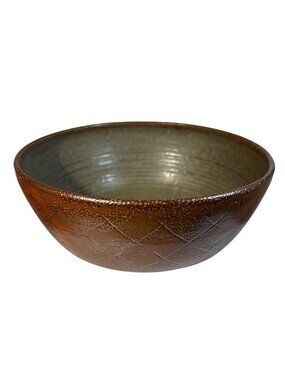 Brown Pottery Bowl Textured Crosshatch Glazed Interior Rustic Studio Signed 8.25